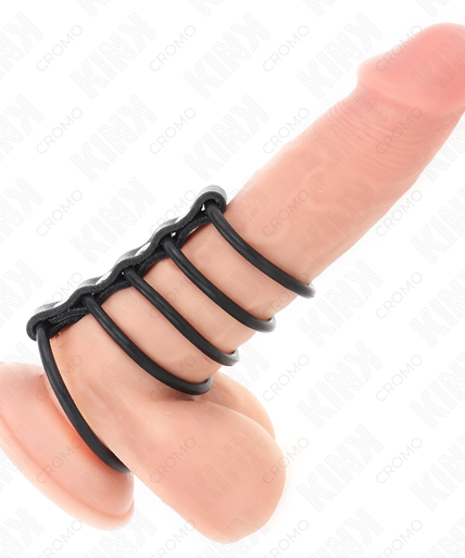 KINK - 5 SILICONE PENIS RINGS 3.8 CM TO 4.8 CM CONNECTED BY LEATHER KINK - 5 SILICONE PENIS RINGS 3.8 CM TO 4.8 CM CONNECTED BY LEATHER