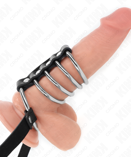 KINK - 5 PENIS RINGS 3.8 CM TO 5 CM METAL WITH LEATHER BELT 112 CM KINK - 5 PENIS RINGS 3.8 CM TO 5 CM METAL WITH LEATHER BELT 112 CM