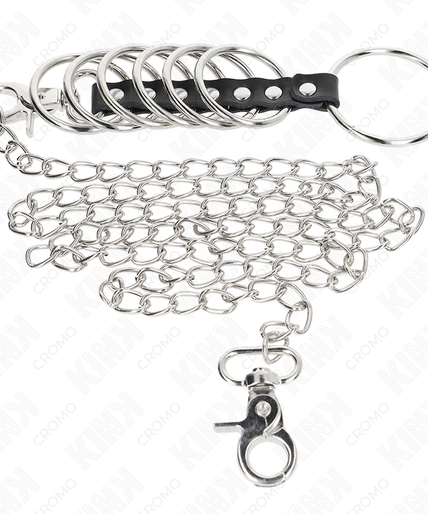 KINK - 7 METAL PENIS RINGS 3.8 CM TO 5 CM CONNECTED WITH LEATHER AND METAL CHAIN 100 CM KINK - 7 METAL PENIS RINGS 3.8 CM TO 5 CM CONNECTED WITH LEATHER AND METAL CHAIN 100 CM