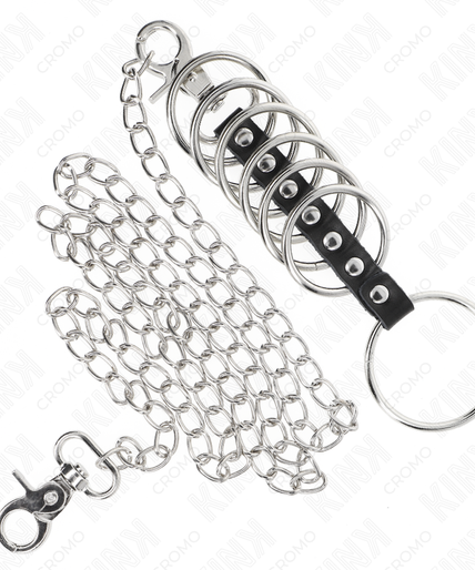 KINK - 7 METAL PENIS RINGS 3.8 CM TO 5 CM CONNECTED WITH LEATHER AND METAL CHAIN 100 CM KINK - 7 METAL PENIS RINGS 3.8 CM TO 5 CM CONNECTED WITH LEATHER AND METAL CHAIN 100 CM
