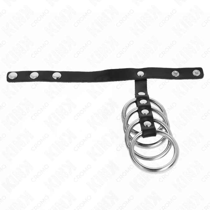 Kink – 4 metalen peniskringen van 3,8 cm verbonden met een leren band van 22 x 1,5 cm en druksluiting
