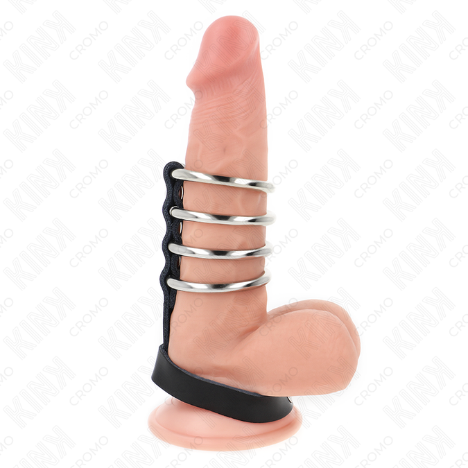 Kink – 4 metalen peniskringen van 3,8 cm verbonden met een leren band van 22 x 1,5 cm en druksluiting