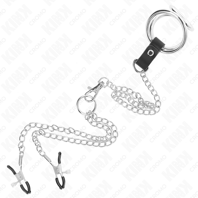 KINK - DRIEVOUDIGE CHROOM METALEN PENISRING 3 CM TOT 4,5 CM MET EEN METALEN KETTING VAN 26 CM EN NIPPELKLEMMEPJES