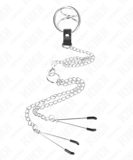 KINK - TRIPLE CHROME METAL PENIS RING 3.8 CM TO 5 CM WITH 26 CM METAL CHAIN AND NIPPLE CLAMPS MODEL 2 KINK - TRIPLE CHROME METAL PENIS RING 3.8 CM TO 5 CM WITH 26 CM METAL CHAIN AND NIPPLE CLAMPS MODEL 2