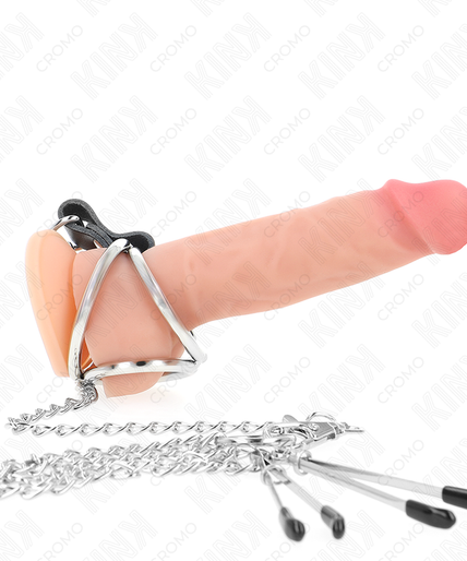 KINK - TRIPLE CHROME METAL PENIS RING 3.8 CM TO 5 CM WITH 26 CM METAL CHAIN AND NIPPLE CLAMPS MODEL 2 KINK - TRIPLE CHROME METAL PENIS RING 3.8 CM TO 5 CM WITH 26 CM METAL CHAIN AND NIPPLE CLAMPS MODEL 2