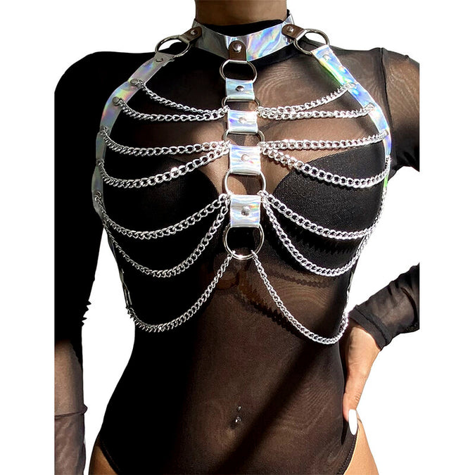 Subblime – 953737 Chest Harness With Rings And Chains Silver One Size