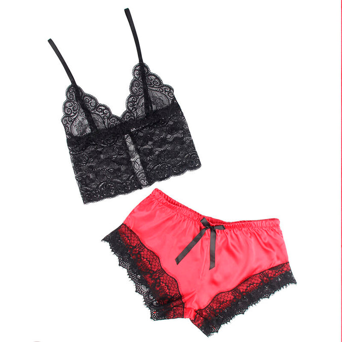 Subblime – 953959 Casual zijden nachtjapon + kanten broek Zwart/rood S/m