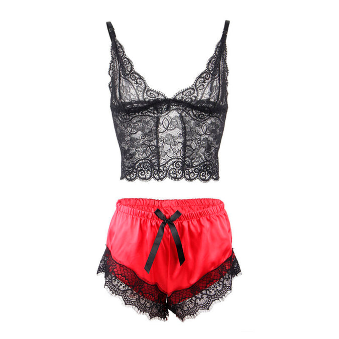 Subblime – 953966 Casual Silk Nightgown + Lace Pants Black/red L/xl