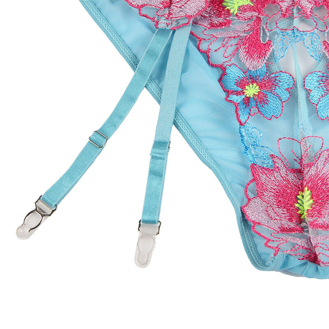 Subblime – 954109 Beha + Slip met Jarretelriem Bloemmotief Blauw S/m