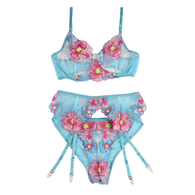 Subblime – 954109 Beha + Slip met Jarretelriem Bloemmotief Blauw S/m