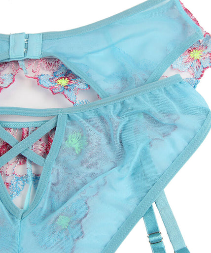 SUBBLIME - 954109 BRA + PANTIES WITH GARTER BELT FLORAL DESIGN BLUE S/M SUBBLIME - 954109 BRA + PANTIES WITH GARTER BELT FLORAL DESIGN BLUE S/M