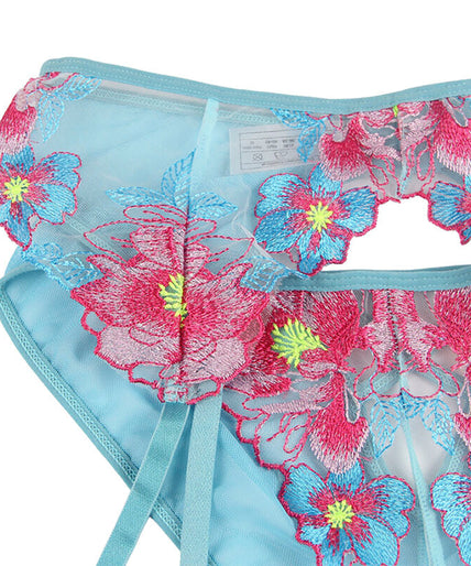 SUBBLIME - 954116 BRA + PANTIES WITH GARTER BELT FLORAL DESIGN BLUE L/XL SUBBLIME - 954116 BRA + PANTIES WITH GARTER BELT FLORAL DESIGN BLUE L/XL