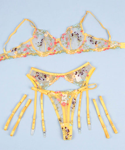 SUBBLIME - 954345 BRA + THONG + GARTER BELT FLORAL DESIGN YELLOW S/M SUBBLIME - 954345 BRA + THONG + GARTER BELT FLORAL DESIGN YELLOW S/M