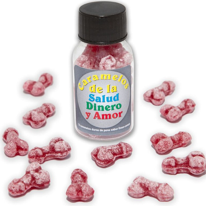 DIABLO PICANTE - 12 GEZONDHEID-GELD-LIEFDE SNOEPJES PENISVORM AARDBEI/KERS