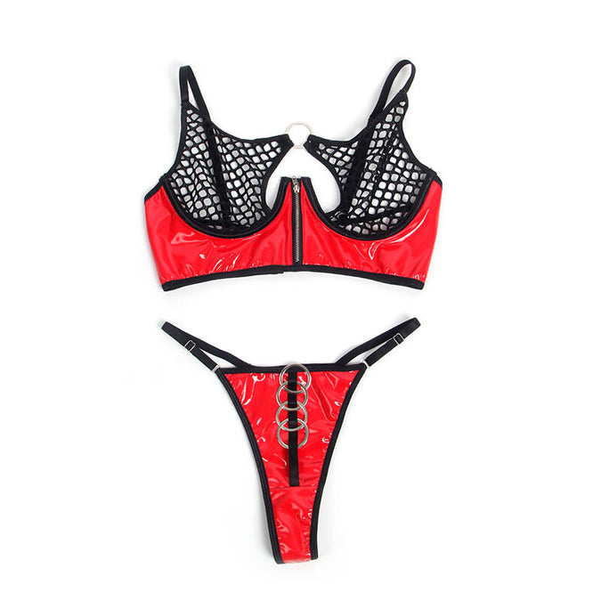 Subblime – 955533 Red Patent Leather Mesh Zipper Bra Set S/m