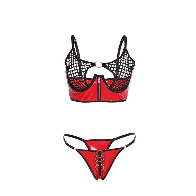 Subblime – 955533 Red Patent Leather Mesh Zipper Bra Set S/m