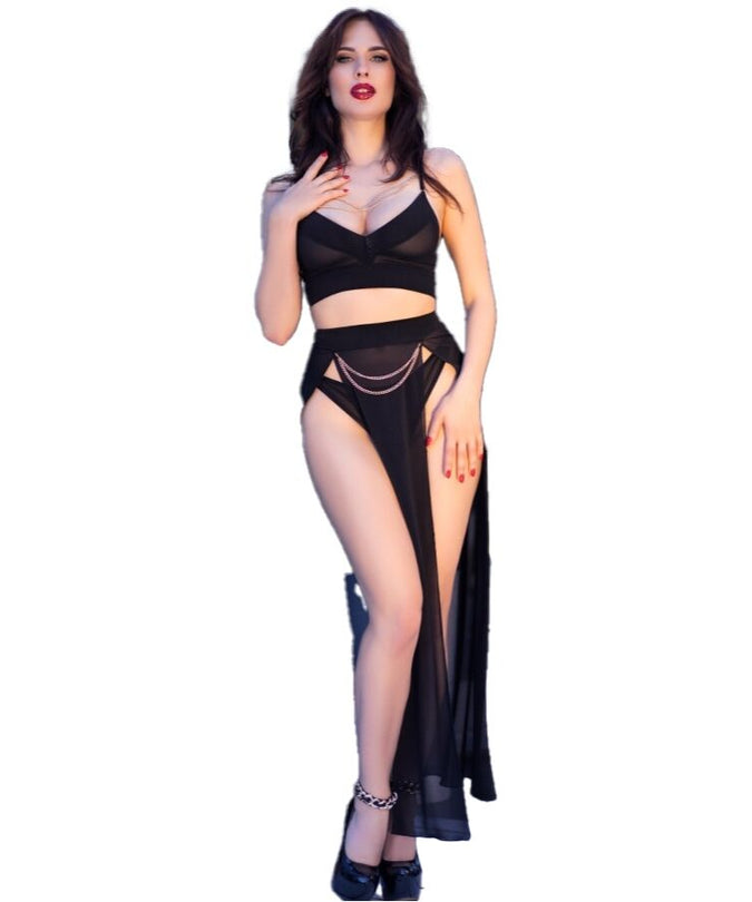 CHILIROSE - CR 4672 ZWARTE TOP, ROK EN STRING MET GOUDEN KETTINGEN M