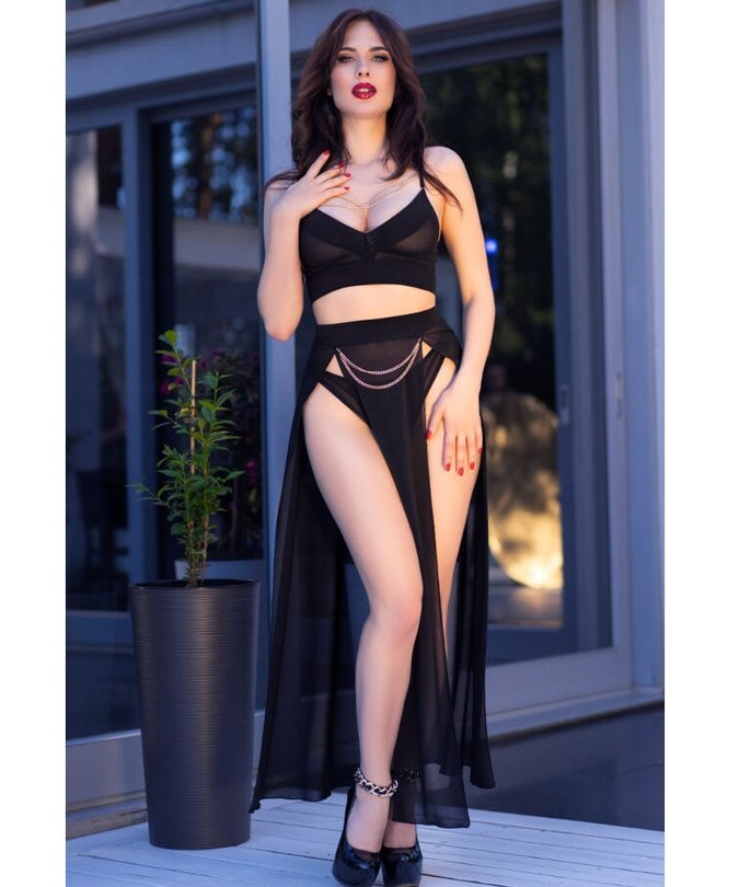 CHILIROSE - CR 4672 BLACK TOP SKIRT AND THONG WITH GOLDEN CHAINS L