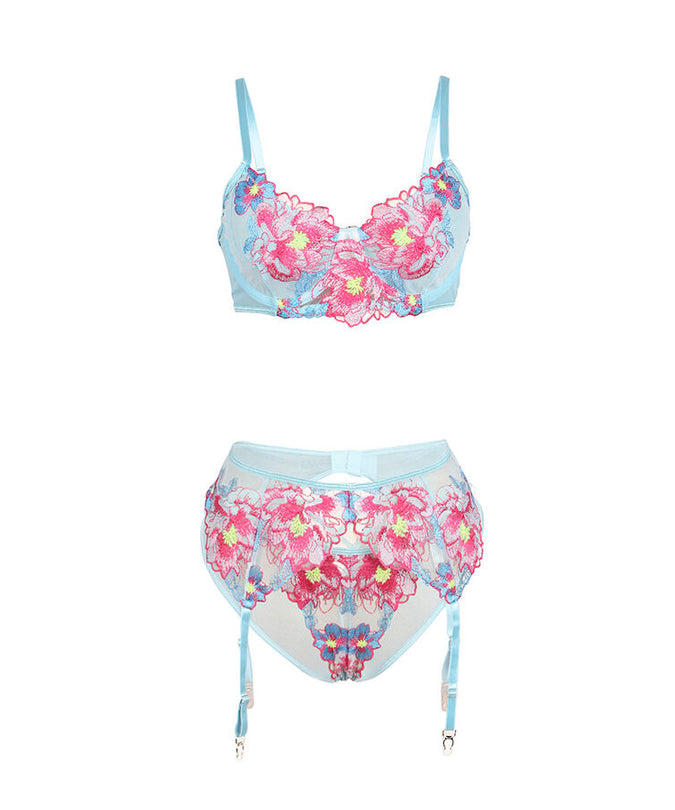 Subblime – 957650 Flower Embroidered Bra And Garter Belt Set Pink L/xl