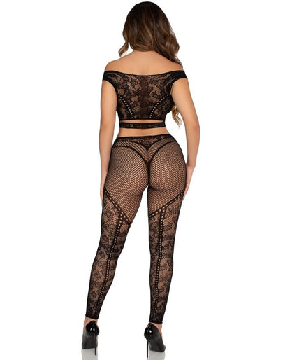 LEG AVENUE - CROP TOP EN NETPANTY MET BLOOTSCHOUDER ZWART LEG AVENUE - CROP TOP EN NETPANTY MET BLOOTSCHOUDER ZWART