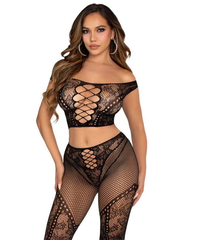 LEG AVENUE - CROP TOP EN NETPANTY MET BLOOTSCHOUDER ZWART