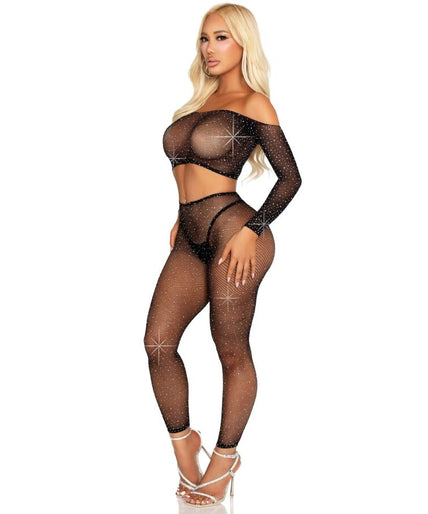 LEG AVENUE - CROPTOP EN VISNET LEGGING MET STRASS ZWART LEG AVENUE - CROPTOP EN VISNET LEGGING MET STRASS ZWART