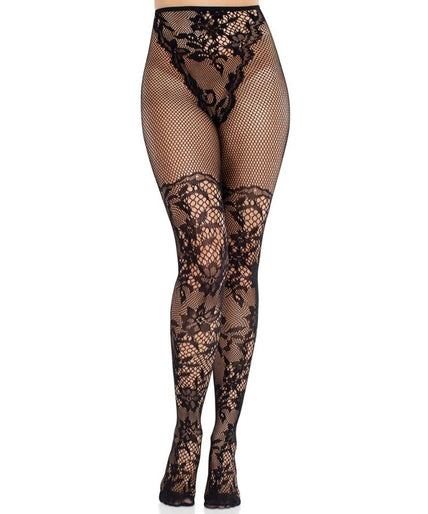 LEG AVENUE - DAHLIA KANTEN KOUSEN MET NETDETAIL ZWART LEG AVENUE - DAHLIA KANTEN KOUSEN MET NETDETAIL ZWART
