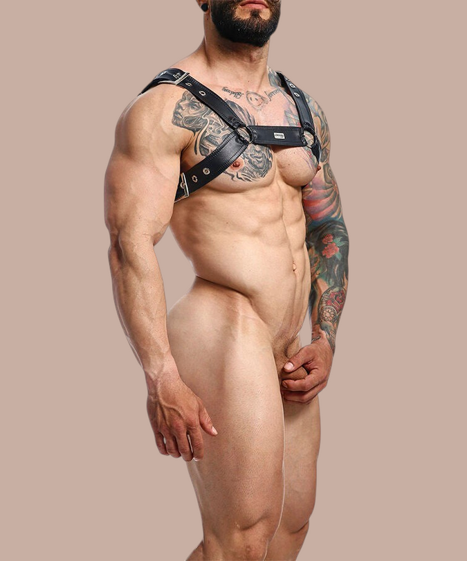 Pleasurements Mob Dngeon zwart lederen en metalen kettingharnas gedragen door een gespierd getatoeΓ«erd model