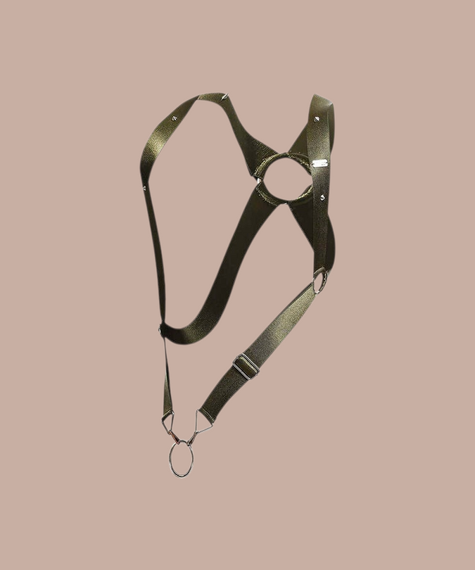 Pleasurements Mob Dngeon groen metalen cross-back harnas met verstelbare banden en ringdetails