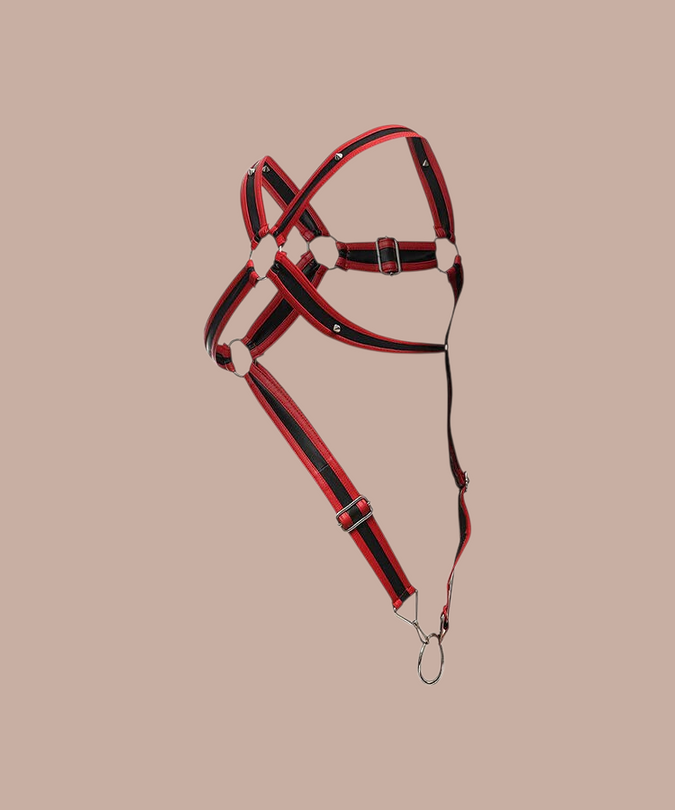Pleasurements Mob Dngeon rood en zwart lederen penis harnas met metalen ringen en studs voor een verfijnde look.