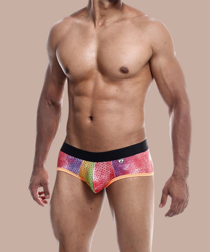 Pleasurements – Mob – Boxer Brief Oranje Maat S Pleasurements oranje boxer brief van kant met een zwarte tailleband gedragen door een gespierd model