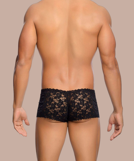 Mob – Schwarzer Spitzenboxer Größe L/xl Pleasurements Mob zwarte kanten boxershort voor heren met een verleidelijk en elegant design