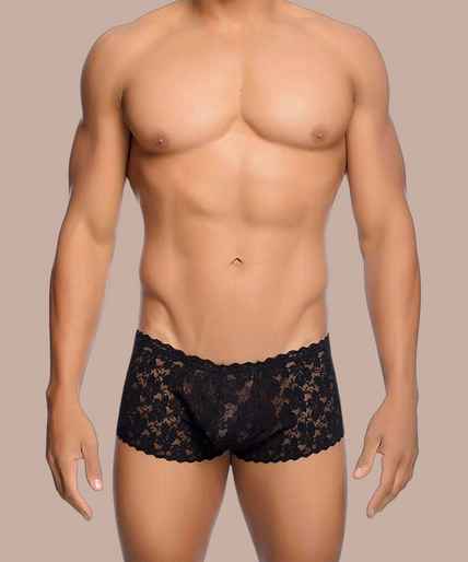 Mob – Schwarzer Spitzenboxer Größe L/xl Pleasurements Mob zwarte kanten boxershort voor heren met een verleidelijk en elegant design