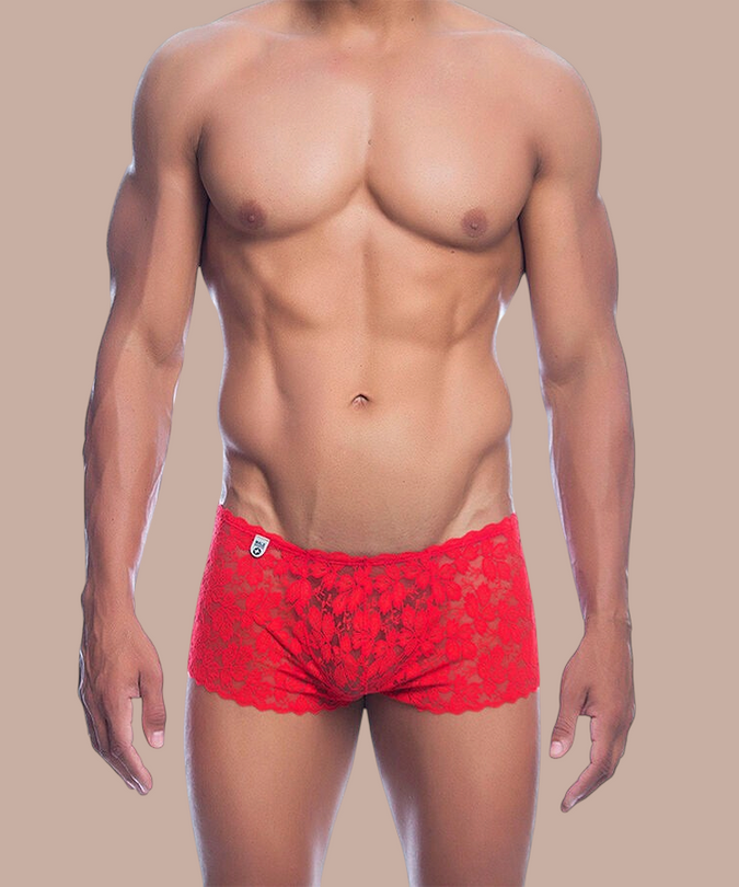 Pleasurements Mob rode kanten boxershort voor heren met een verfijnd bloemmotief voor een sensuele uitstraling.