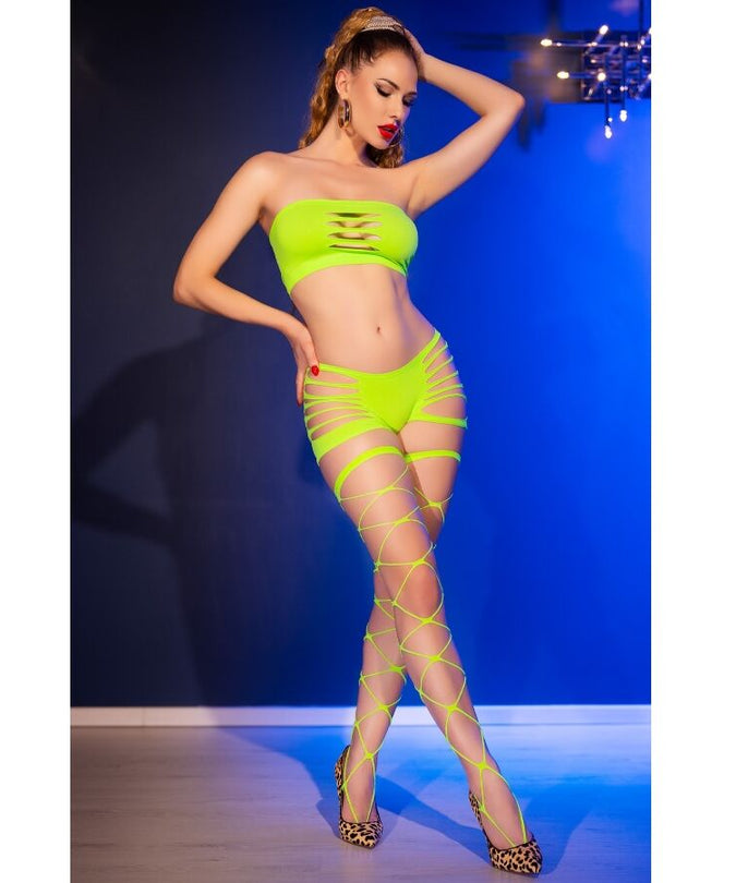 CHILIROSE - CR 4866 NEON GROENE TOP EN KORT BROEKJE SET S/M