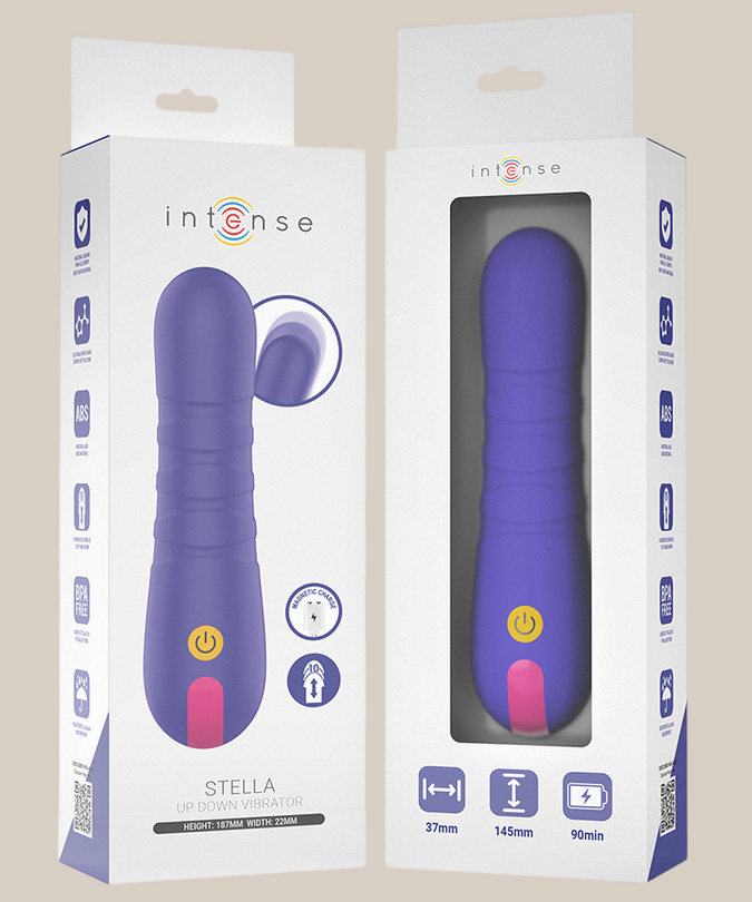 Pleasurements Stella paarse siliconen thrusting vibrator in verpakking met oplaadbare functies en ergonomisch design