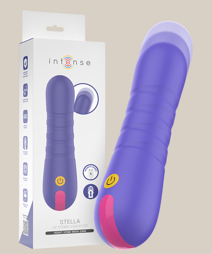 Paarse Pleasurements Stella stuwende vibrator van siliconen met gele aan-uitknop en roze accenten in verpakking