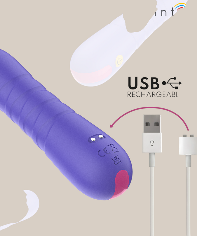 Paarse Pleasurements Stella vibrator met stuwende functie en oplaadbare USB-kabel voor intiem gebruik.