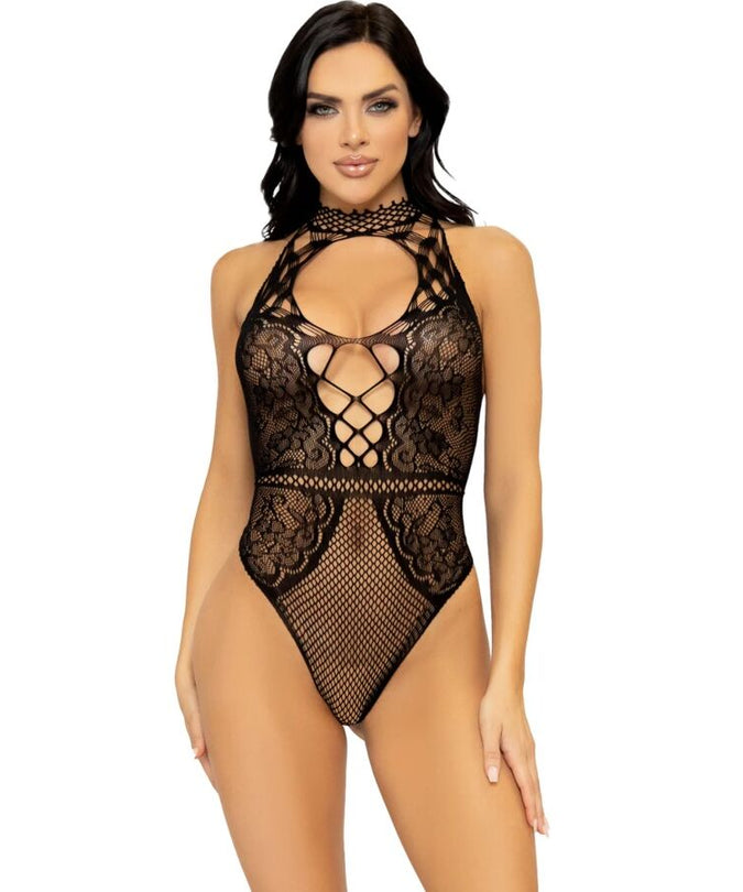 Leg Avenue – Net en kant keyhole halter body Eén maat