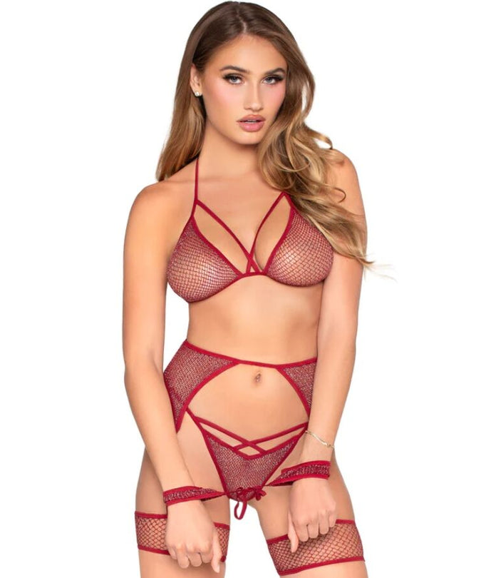 Leg Avenue – 89362 Top + String + Strapsgürtel + Handschellen Set Rot – Einheitsgröße