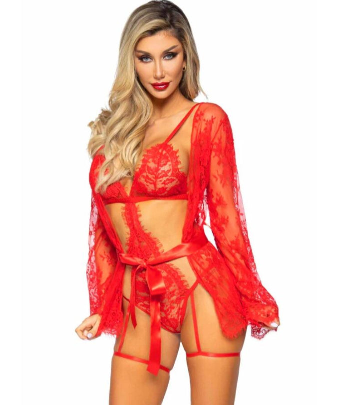 LEG AVENUE - 86123 TEDDY + JARRETELBANDJES ROBE SET ROOD MAAT S