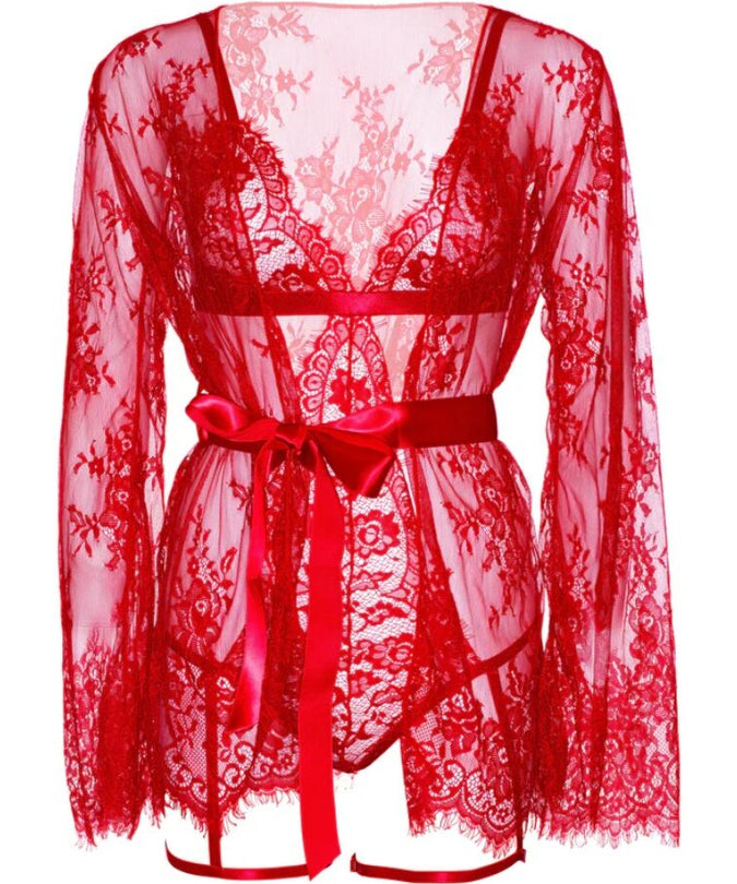 LEG AVENUE - 86123 TEDDY + JARRETELBANDJES ROBE SET ROOD MAAT M