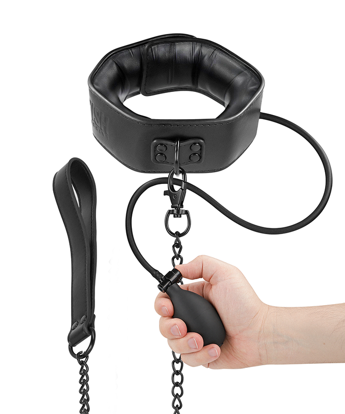 FETISJ SUBMISSIEF BONDAGE - OPBLAASBARE WURGHALSBAND MET KETTING