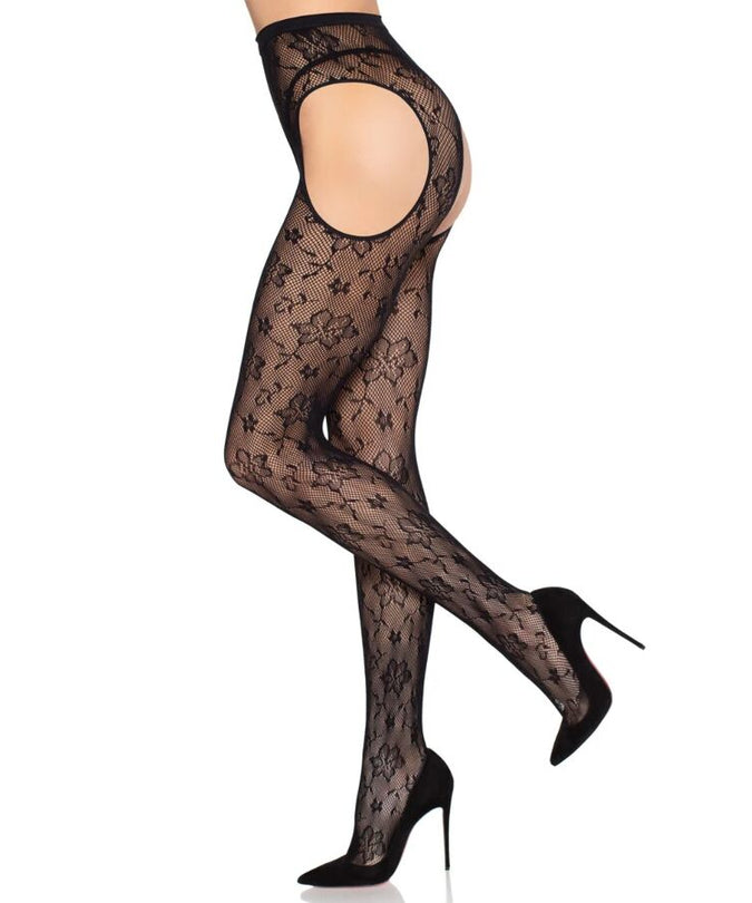 LEG AVENUE - 1967 BLOOM NET SUSPENDER TIGHTS BLACK - ONE SIZE