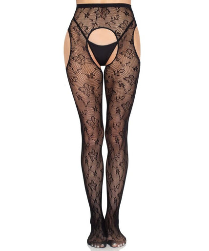 LEG AVENUE - 1967 BLOOM NET SUSPENDER TIGHTS BLACK - ONE SIZE LEG AVENUE - 1967 BLOOM NET SUSPENDER TIGHTS BLACK - ONE SIZE
