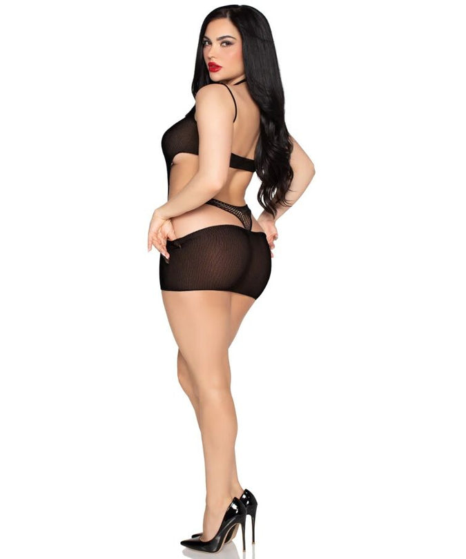 LEG AVENUE - 81680 OPAQUE MINI JURK EN HALTER TEDDY ZWART - ONE SIZE