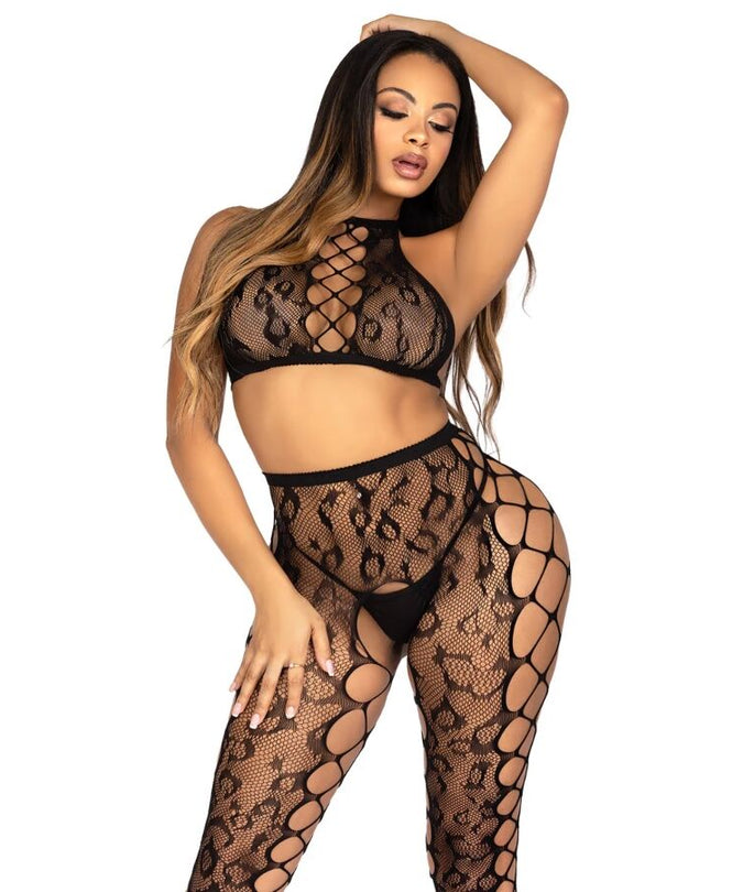 LEG AVENUE - 89372 CROPTOP & KRUISLOZE PANTY ZWART - ONE SIZE