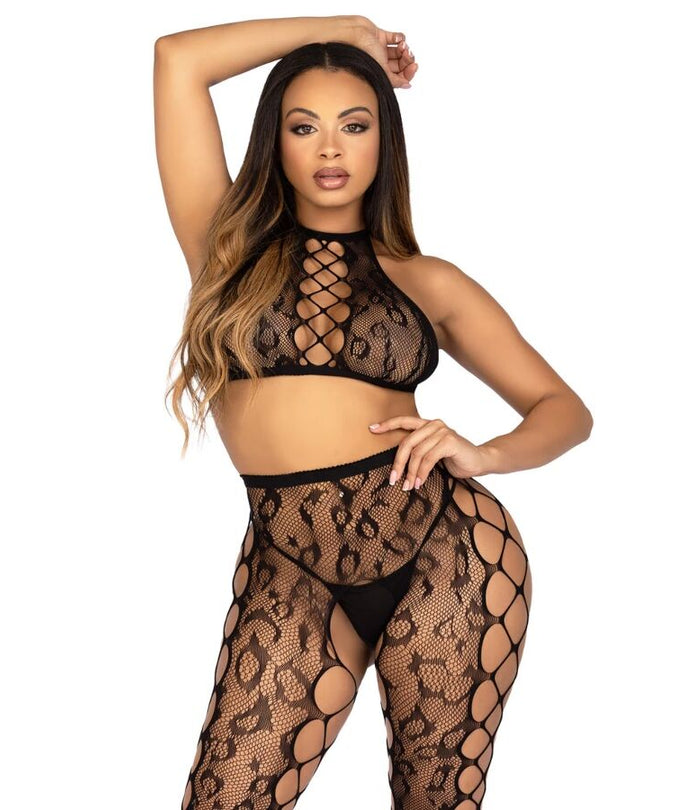 LEG AVENUE - 89372 CROPTOP & KRUISLOZE PANTY ZWART - ONE SIZE