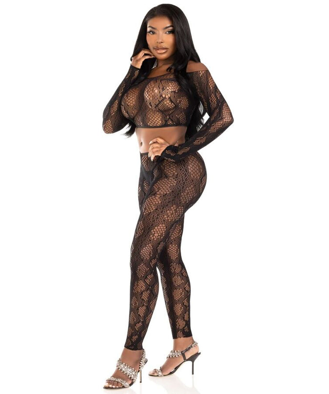 LEG AVENUE - 89373 PYTHON CROP TOP & VOETLOZE PANTY ZWART - EEN MAAT