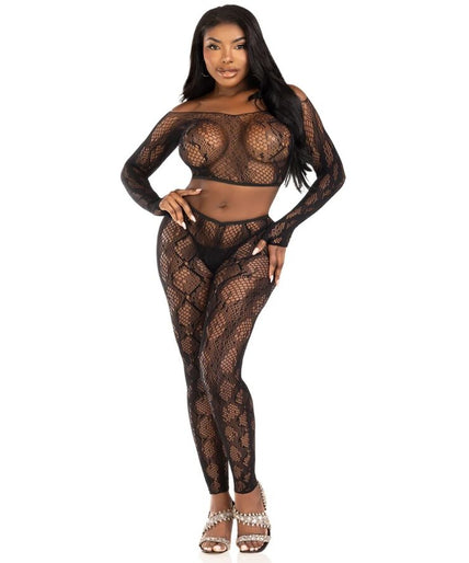 LEG AVENUE - 89373 PYTHON CROP TOP & VOETLOZE PANTY ZWART - EEN MAAT LEG AVENUE - 89373 PYTHON CROP TOP & VOETLOZE PANTY ZWART - EEN MAAT